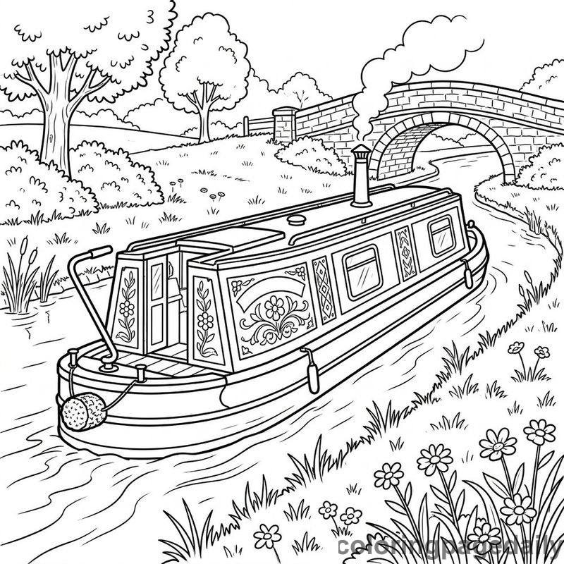 Classic Canal Narrowboat Cruising - Daily printable coloring page in Vehicle category