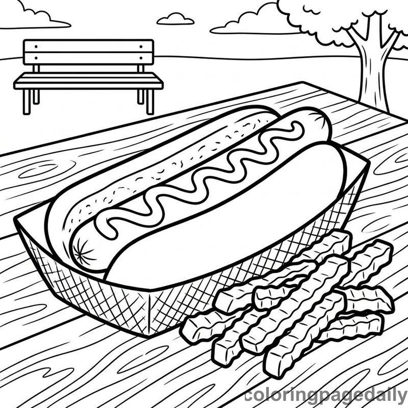 Classic Hot Dog And Fries - Daily printable coloring page in Food category