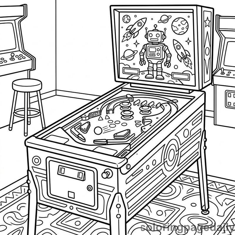 Classic Retro Pinball Machine - Daily printable coloring page in Video Games and Pixel Art category