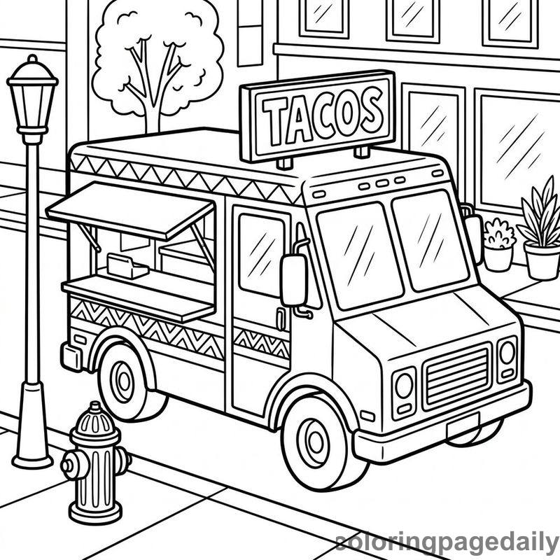 Classic Street Food Taco Truck - Daily printable coloring page in Vehicle category