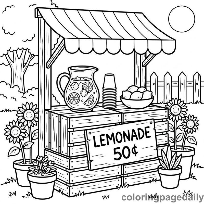 Classic Summer Lemonade Stand - Daily printable coloring page in Summer Vacation category