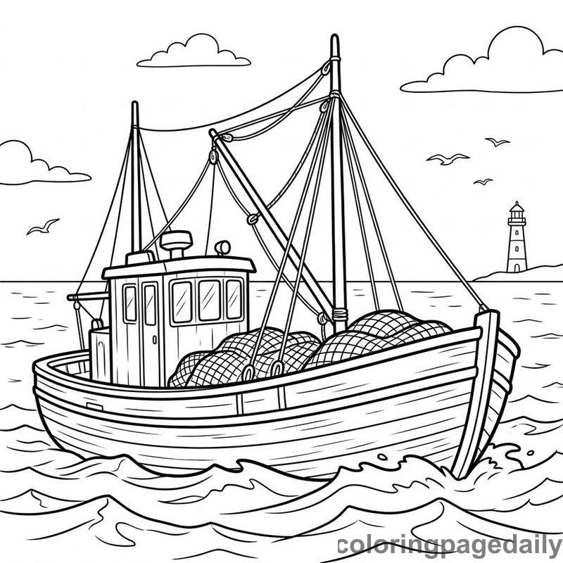 Classic Wooden Fishing Trawler - Daily printable coloring page in Vehicle category