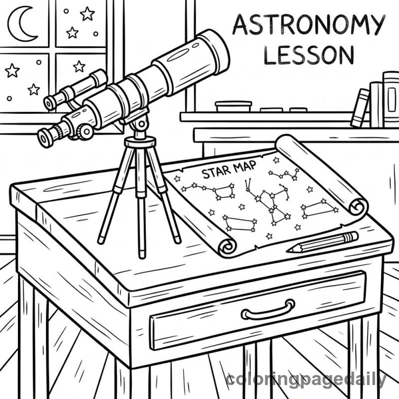 A school desk beautifully prepared for an exciting astronomy lesson