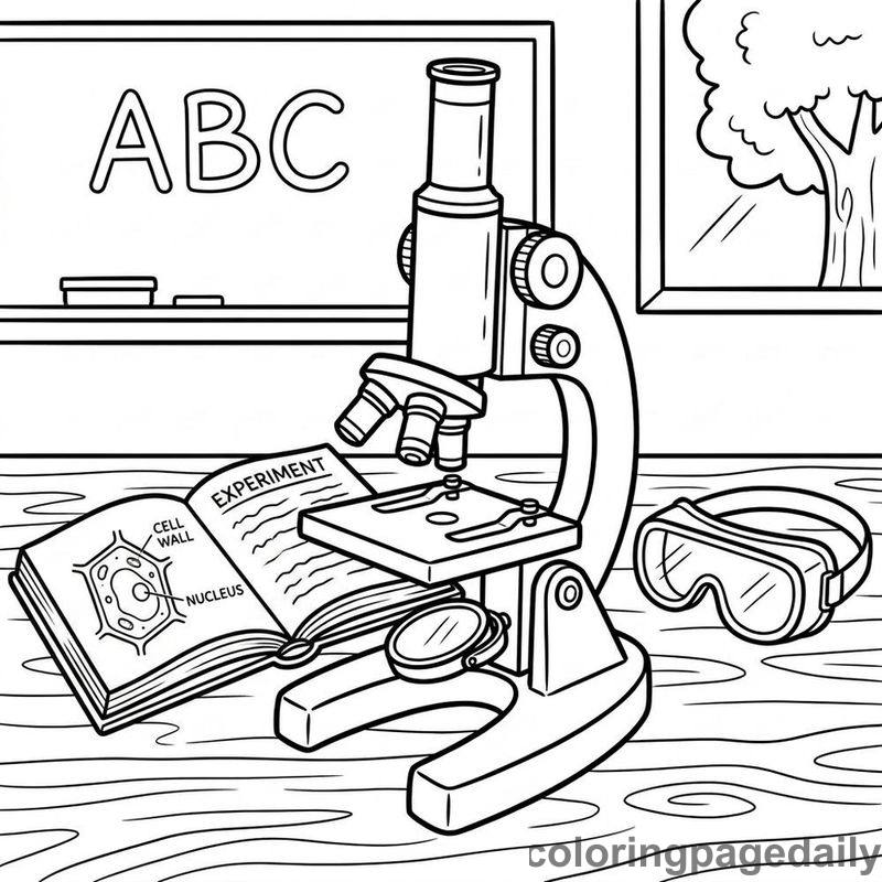 Classroom Microscope And Textbook - Daily printable coloring page in Back to School category