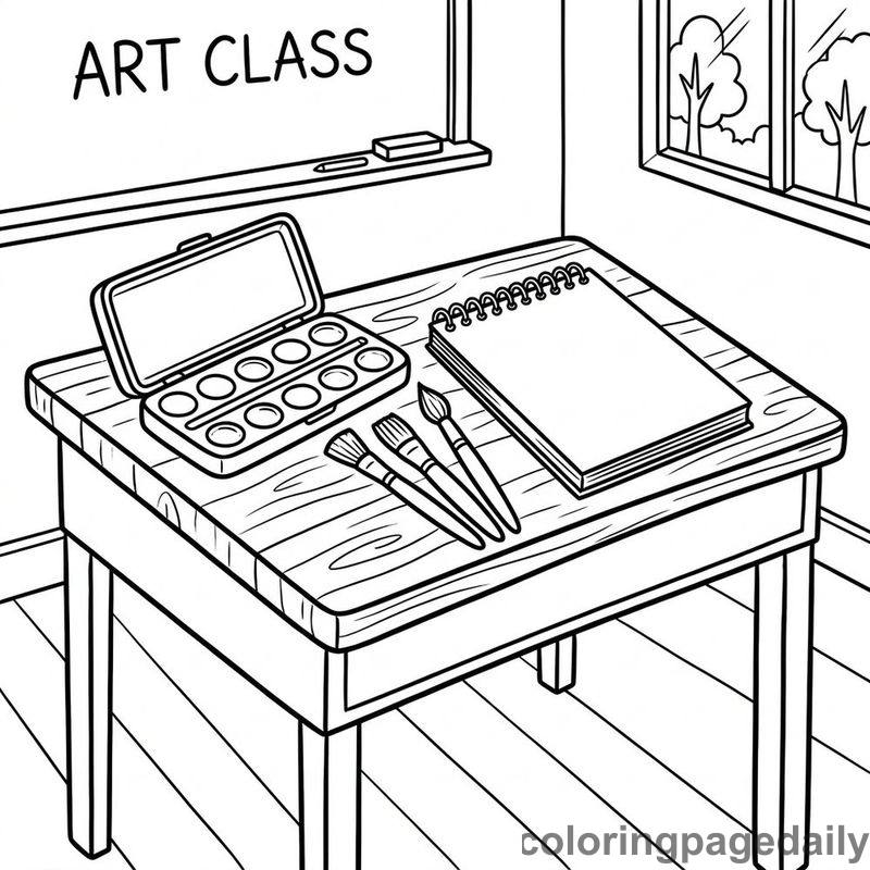 Classroom Watercolor Painting Desk - Daily printable coloring page in Back to School category