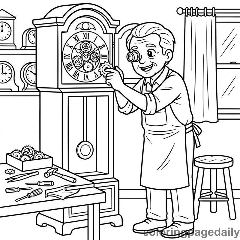 Clockmaker Repairing Grandfather Clock - Daily printable coloring page in Professions category