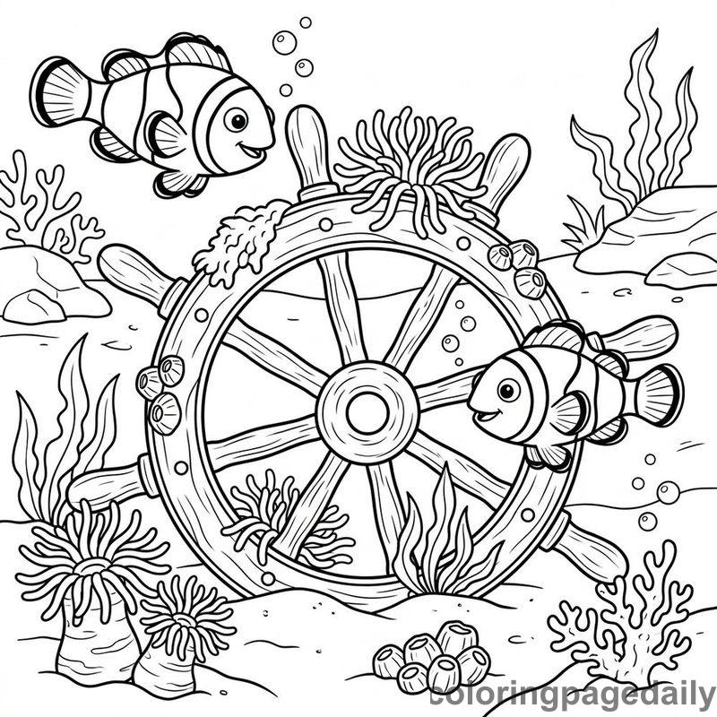 Clownfish At Ship Wheel - Daily printable coloring page in Ocean and Underwater Life category