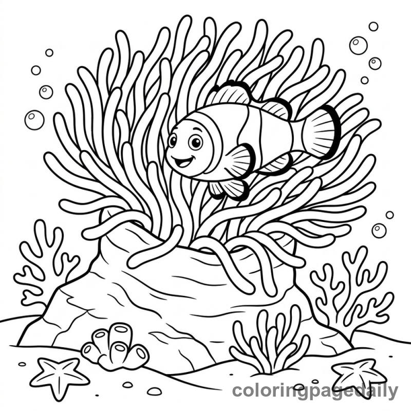Clownfish in Sea Anemone - Daily printable coloring page in Ocean and Underwater Life category