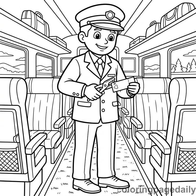 Conductor Punching Train Ticket - Daily printable coloring page in Professions category