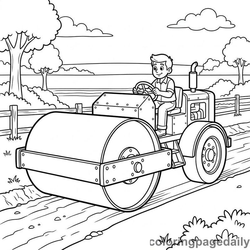 Construction Steamroller Flattening Path - Daily printable coloring page in Vehicle category