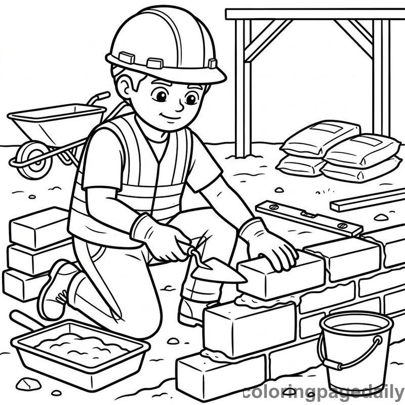 Construction Worker Building Wall - Daily printable coloring page in Professions category