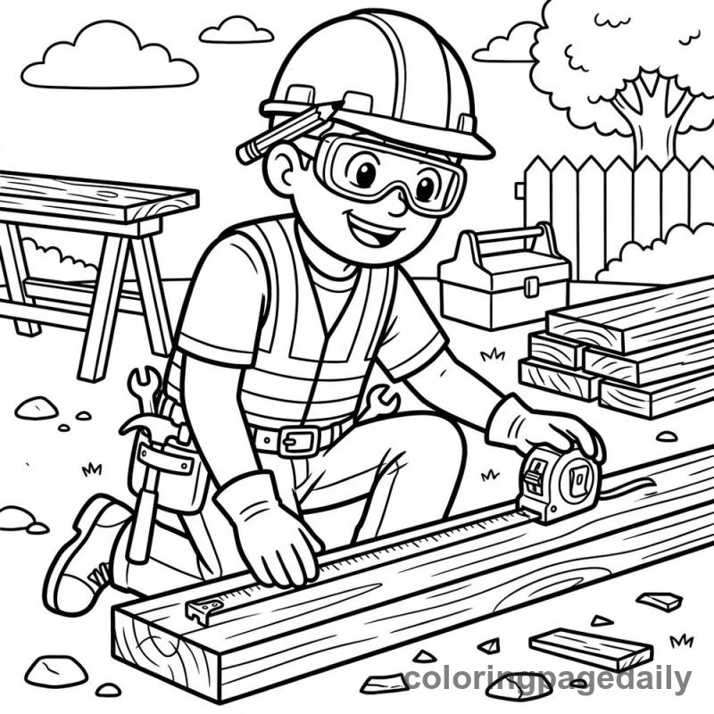 Construction Worker Measuring Wood - Daily printable coloring page in Professions category