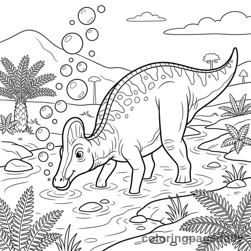 Corythosaurus Blowing River Bubbles - Daily printable coloring page in Dinosaur category