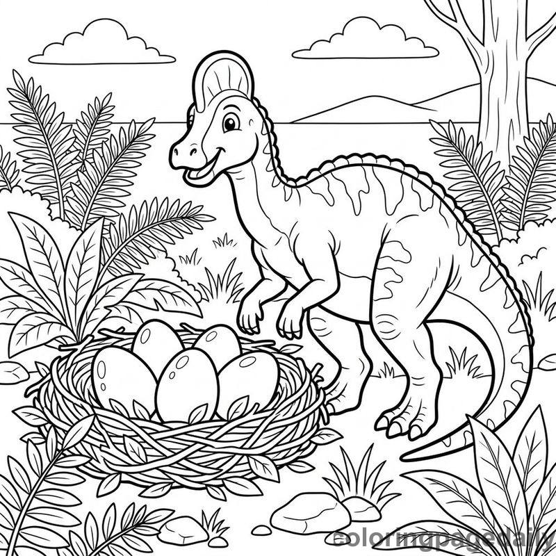 Corythosaurus Guarding Nest - Daily printable coloring page in Dinosaur category