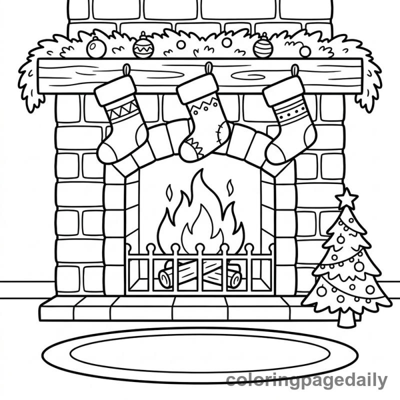 Cozy Christmas Fireplace - Daily printable coloring page in Christmas category