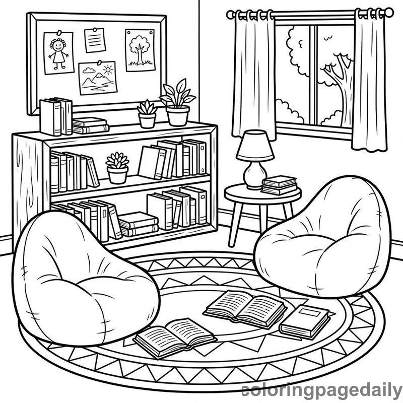 Cozy Classroom Reading Corner - Daily printable coloring page in Back to School category
