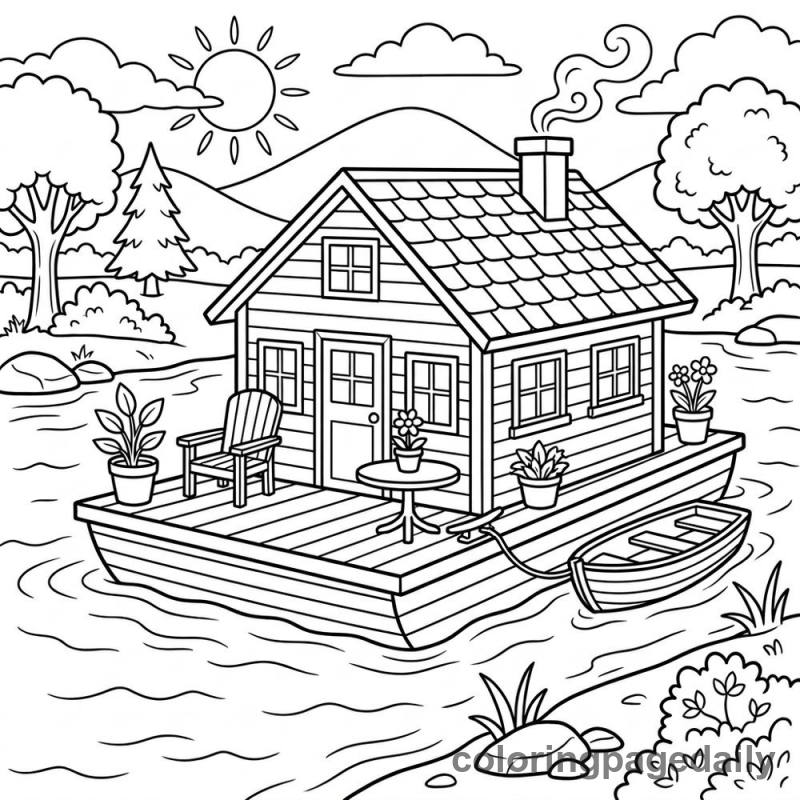 Cozy Houseboat Floating - Daily printable coloring page in Vehicle category