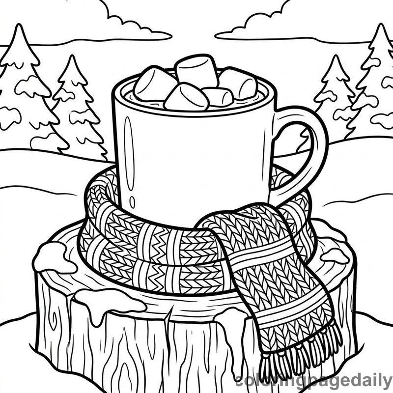 Cozy Scarf And Cocoa - Daily printable coloring page in Winter and Snow Season category