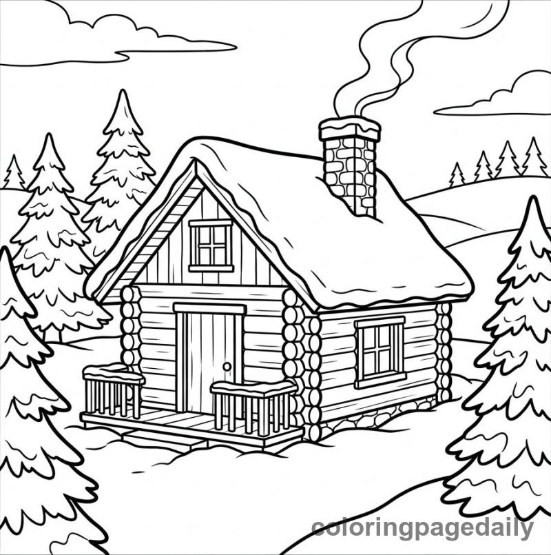 Cozy Winter Cabin - Daily printable coloring page in Winter and Snow Season category