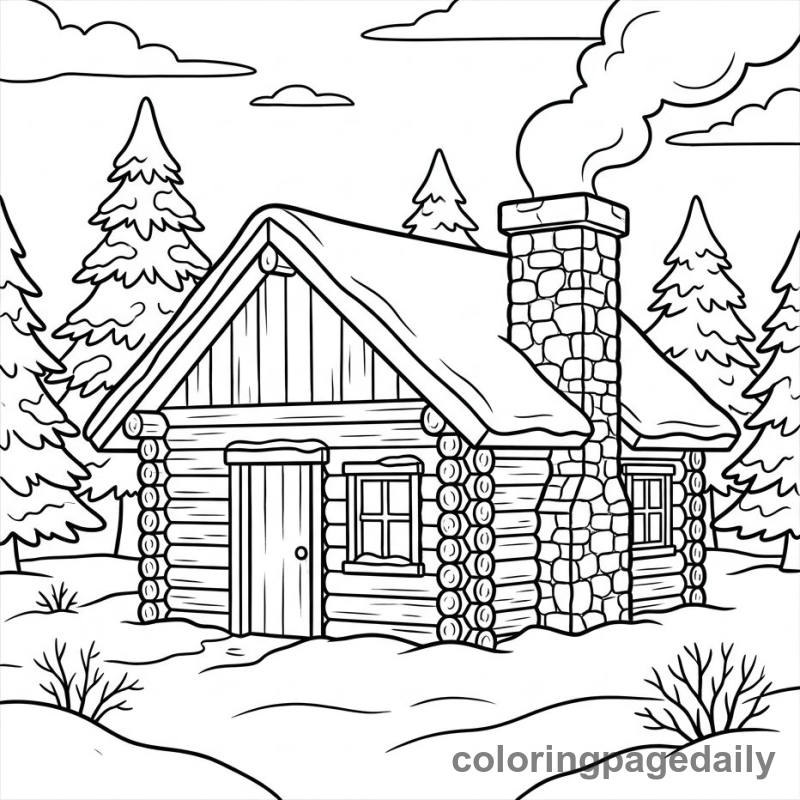 Cozy Winter Log Cabin - Daily printable coloring page in Winter and Snow Season category