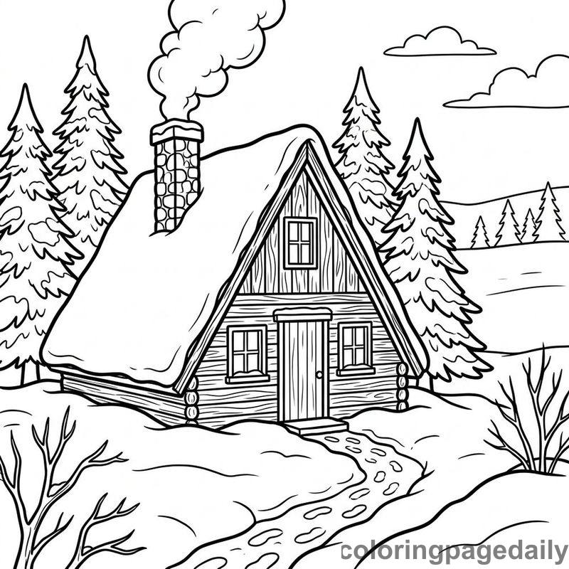 Cozy Winter Snow Cabin - Daily printable coloring page in Winter and Snow Season category