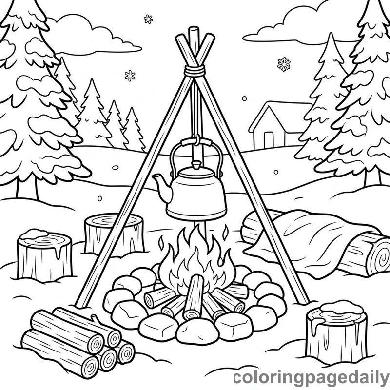 Cozy Winter Snow Campfire - Daily printable coloring page in Winter and Snow Season category