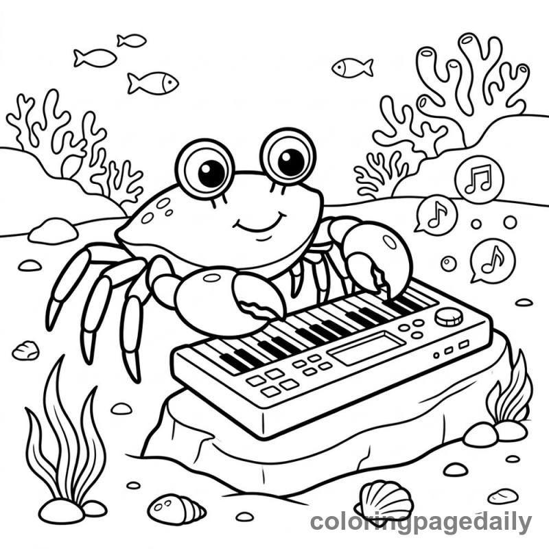 Crab Playing Keyboard - Daily printable coloring page in Ocean and Underwater Life category
