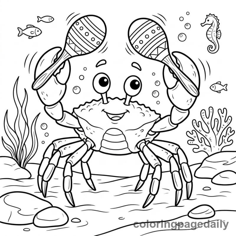 Crab Playing Maracas - Daily printable coloring page in Ocean and Underwater Life category