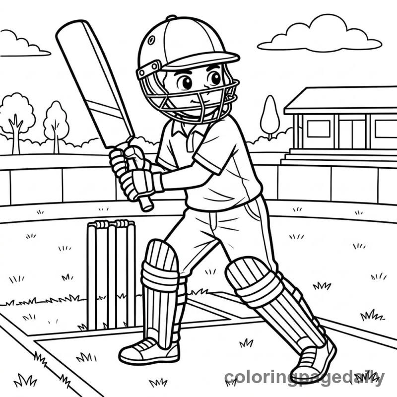 Cricket Player Batting - Daily printable coloring page in Sports category