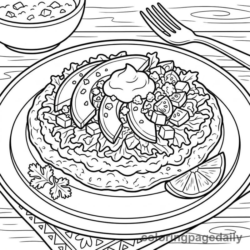 Crispy Mexican Tostada - Daily printable coloring page in Food category