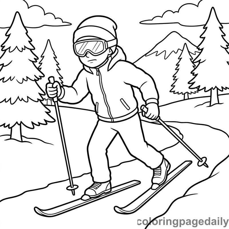 Cross Country Skier Climbing - Daily printable coloring page in Sports category