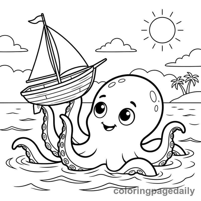 The Gentle Baby Kraken and the Little Sailboat Adventure - story illustration coloring page
