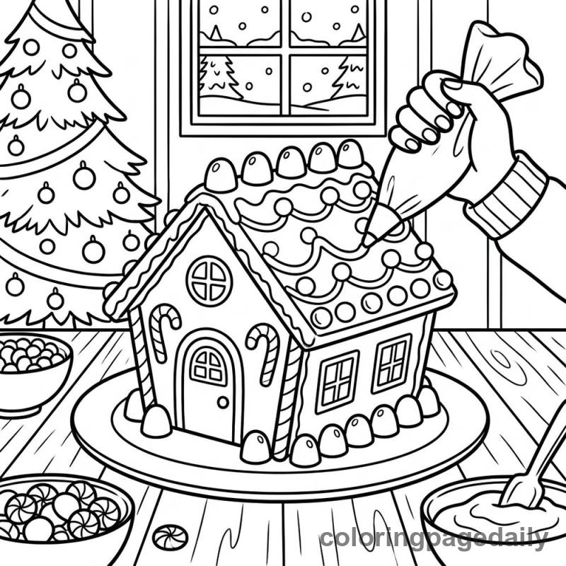 Decorating a Gingerbread House - Daily printable coloring page in Christmas category