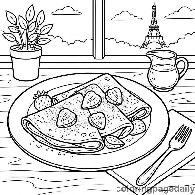 Delicious French Strawberry Crepes - Daily printable coloring page in Food category