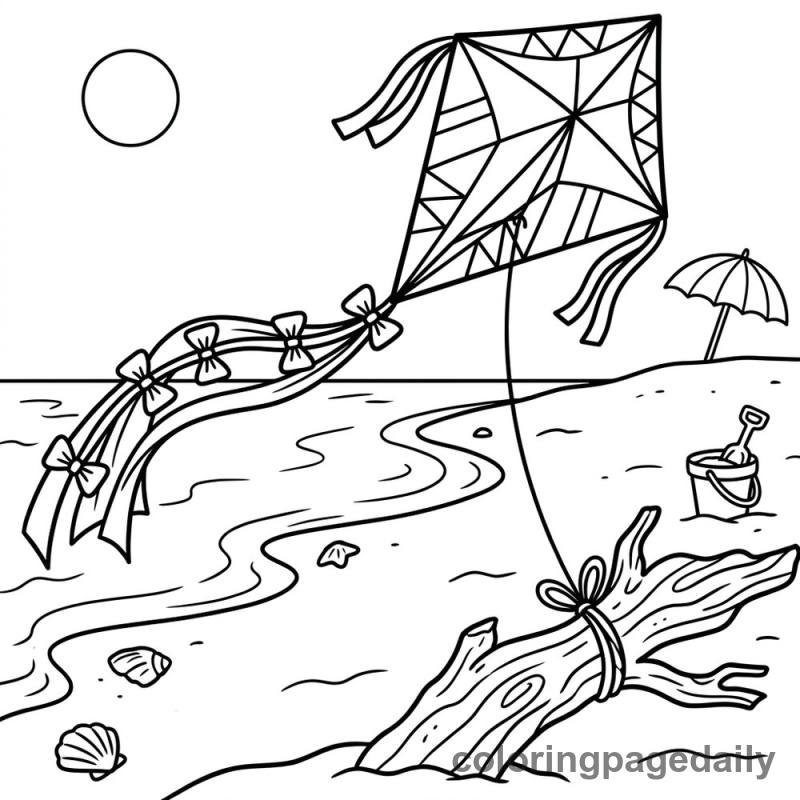Diamond Kite On The Beach - Daily printable coloring page in Summer Vacation category