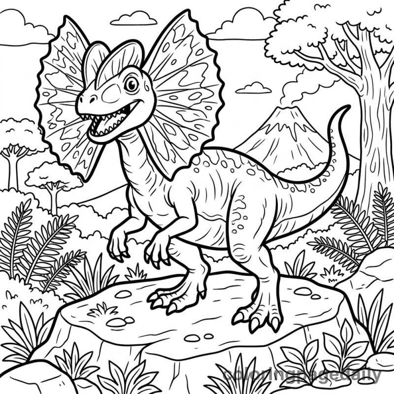 Dilophosaurus Displaying Frills - Daily printable coloring page in Dinosaur category