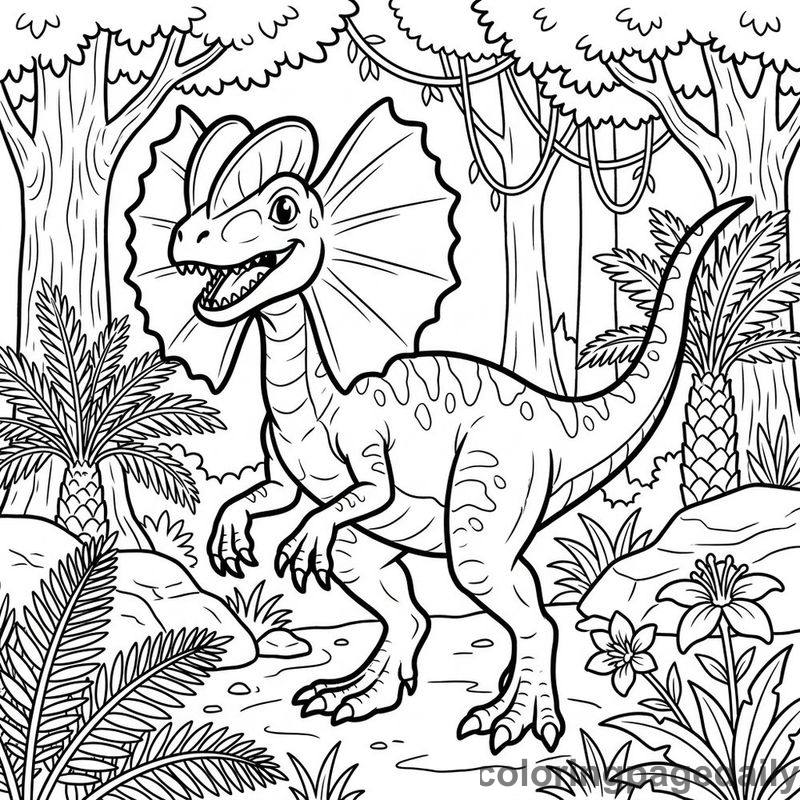 Dilophosaurus In Jungle - Daily printable coloring page in Dinosaur category
