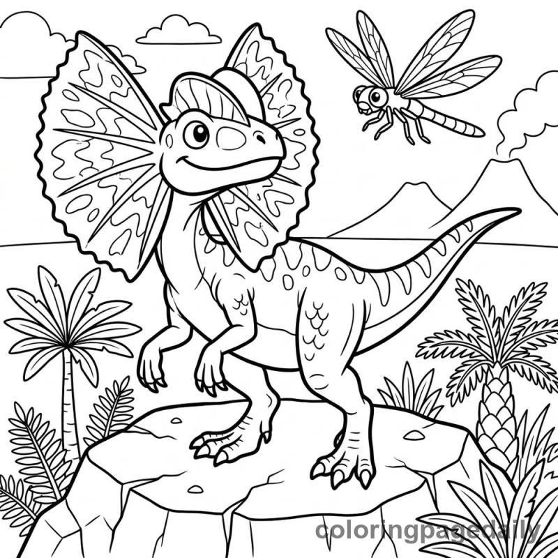 Dilophosaurus Shows Its Frills - Daily printable coloring page in Dinosaur category
