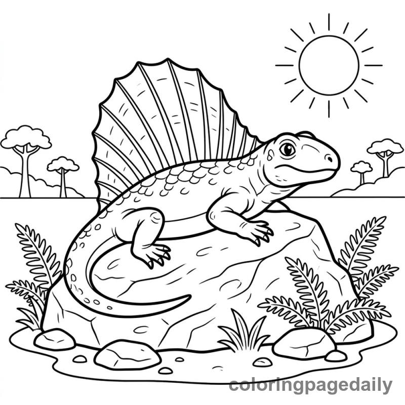 Dimetrodon Sunning on Rock - Daily printable coloring page in Dinosaur category