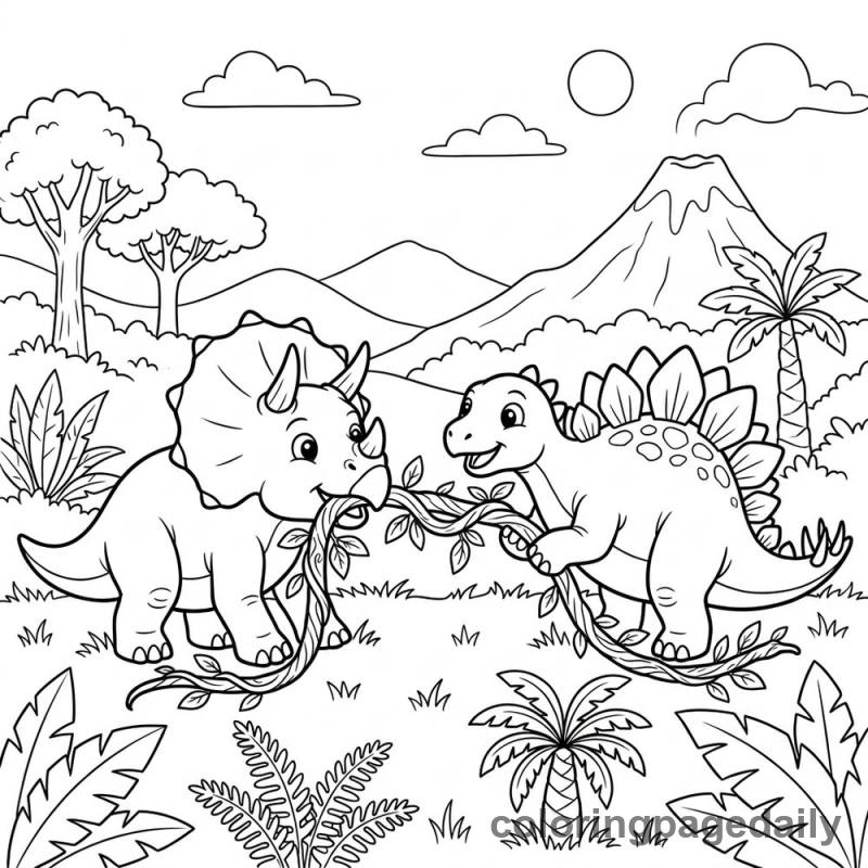 Dinosaur Vine Tug Of War - Daily printable coloring page in Dinosaur category