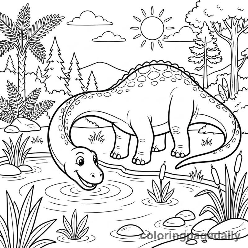 Diplodocus Drinking Water - Daily printable coloring page in Dinosaur category
