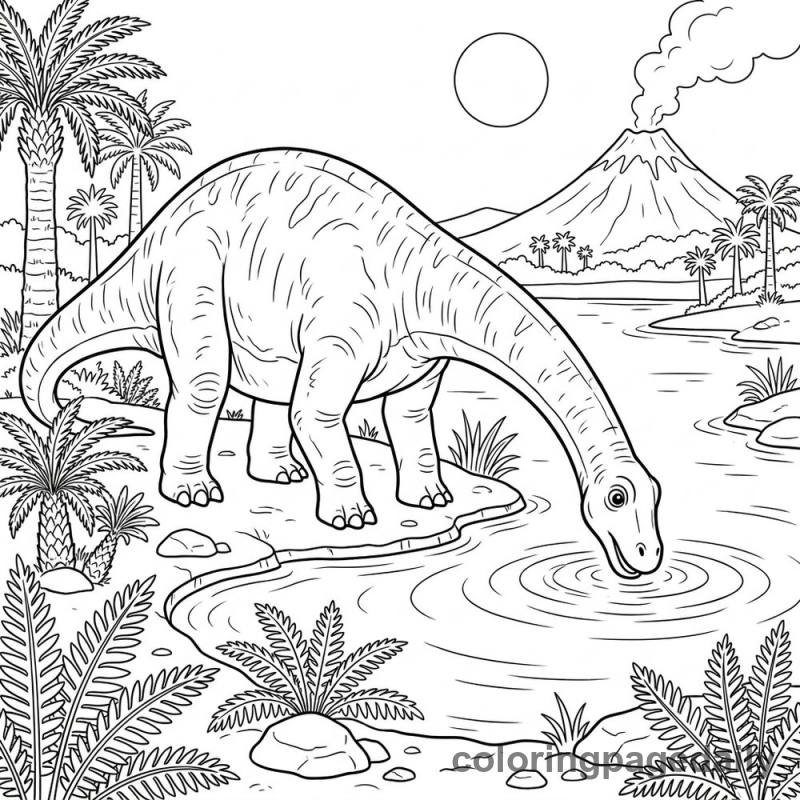 Diplodocus Drinking Water - Daily printable coloring page in Dinosaur category