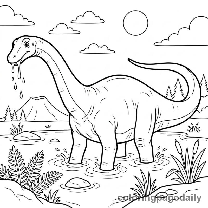 Diplodocus In Lake - Daily printable coloring page in Dinosaur category