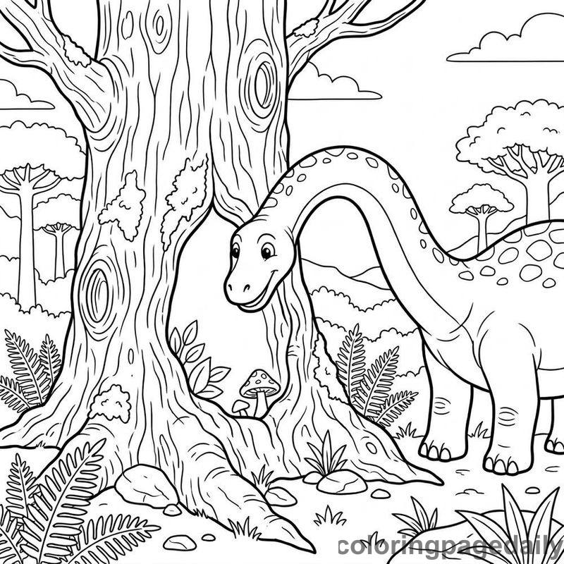 Diplodocus Peeking In Tree - Daily printable coloring page in Dinosaur category