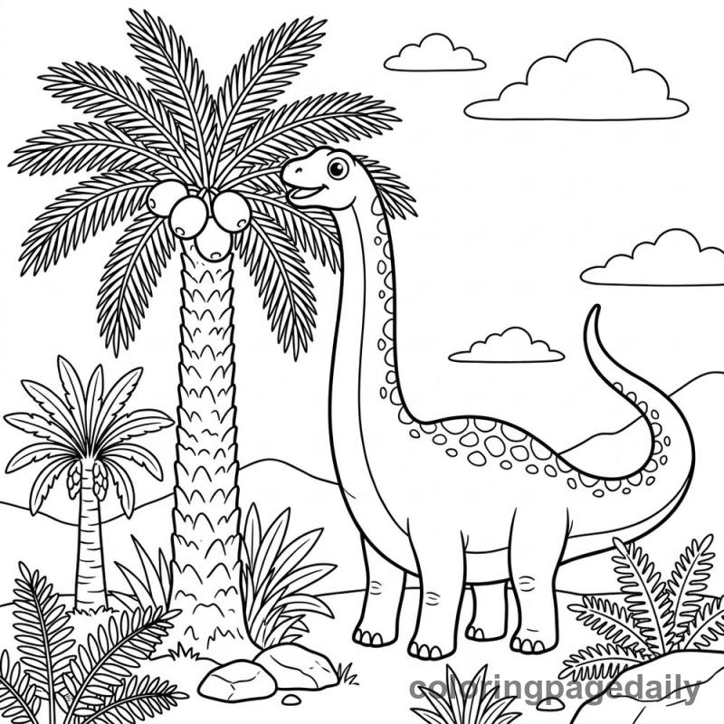 Diplodocus Picking High Fruit - Daily printable coloring page in Dinosaur category