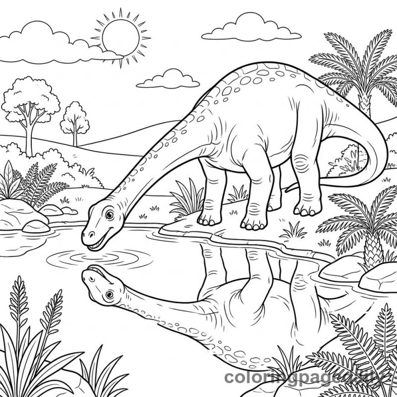 Diplodocus Pond Reflection - Daily printable coloring page in Dinosaur category