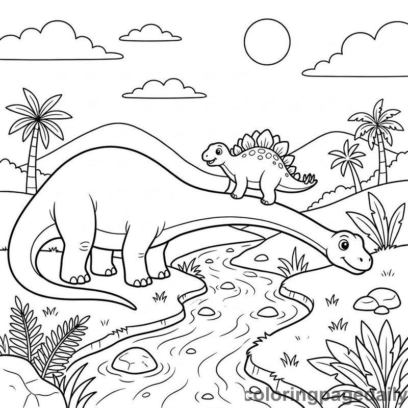 Diplodocus River Bridge - Daily printable coloring page in Dinosaur category