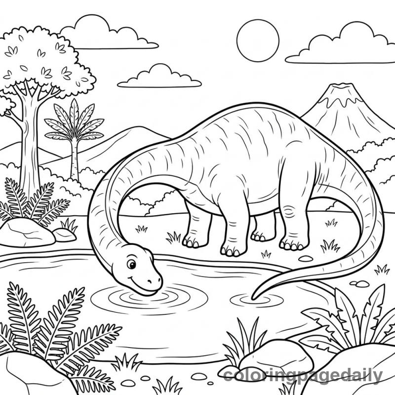 Diplodocus Takes a Drink - Daily printable coloring page in Dinosaur category