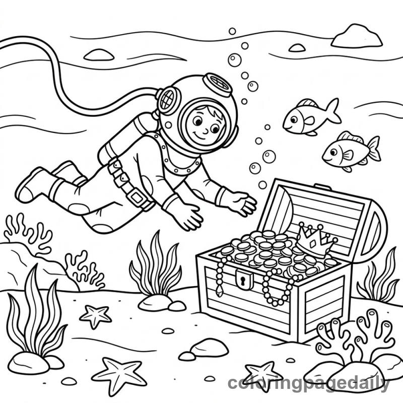 Diver Finds Treasure - Daily printable coloring page in Ocean and Underwater Life category