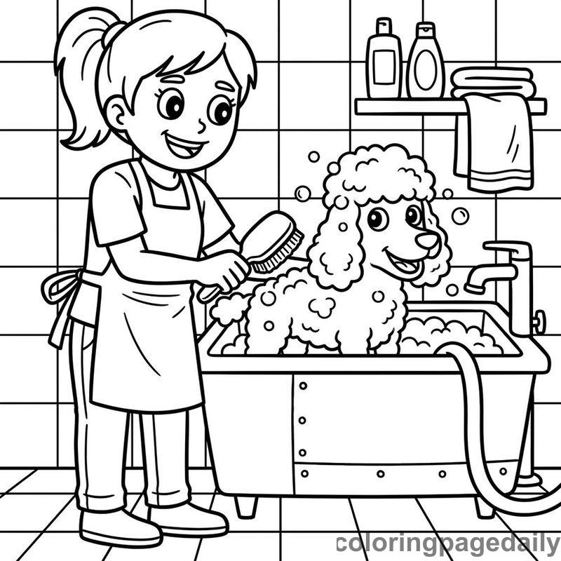Bubbles and Brushes: Pips the Poodle’s Spa Day - story illustration coloring page